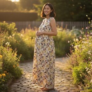 Women's XS MATERNITY Cottagecore Maxi Floral Soft V-Neck Sleeveless Dress